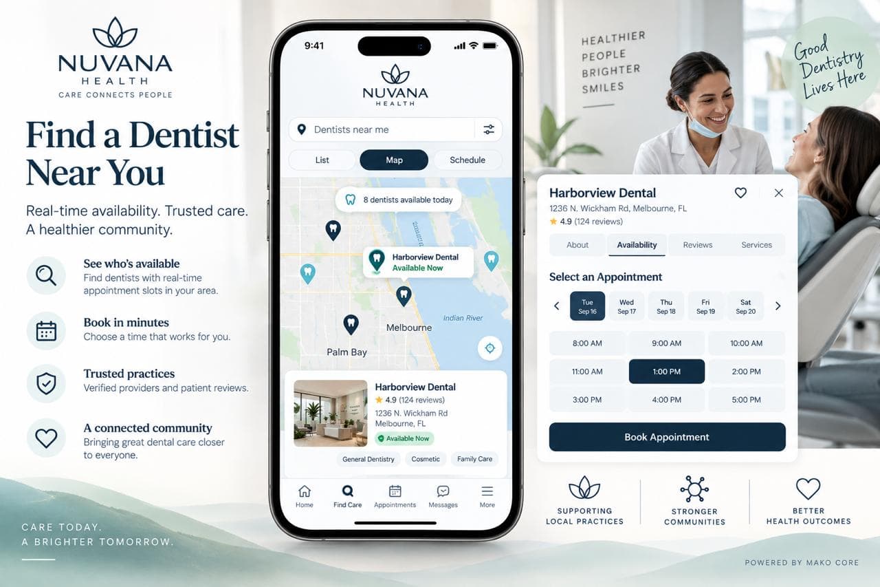 Nuvana Health find a dentist feature concept with real-time availability and booking.